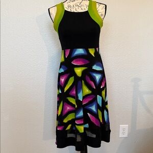 Sleeveless Black Dress with Lime Accents and Multicolor Geometric Skirt Sz Small